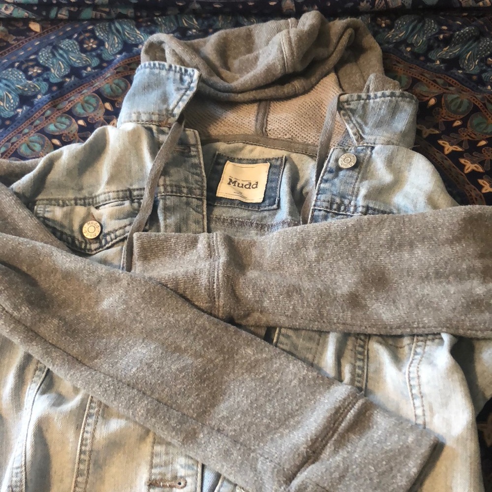 denim jacket with gray hood and sleeves